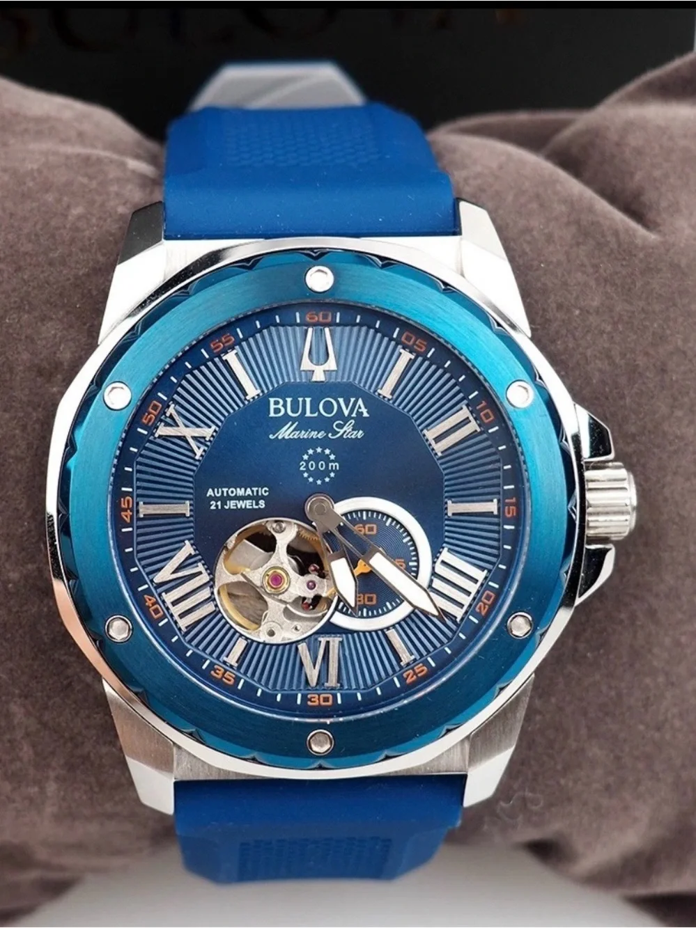 Bulova Blue Open-Heart Automatic Men's Watch with Blue Strap and Orange Accent